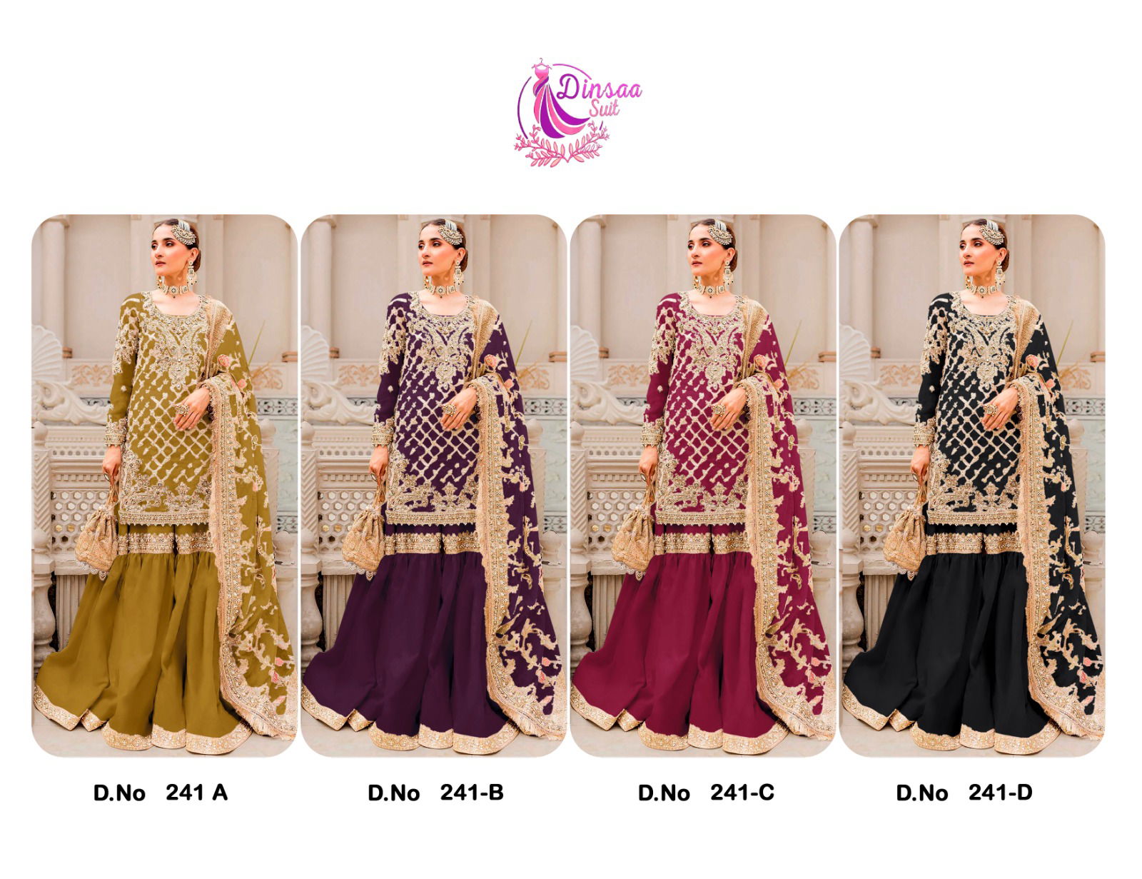 Dinsaa 241 A To D Heavy Embroidery Organza Pakistani Suits Wholesale Price In Surat
